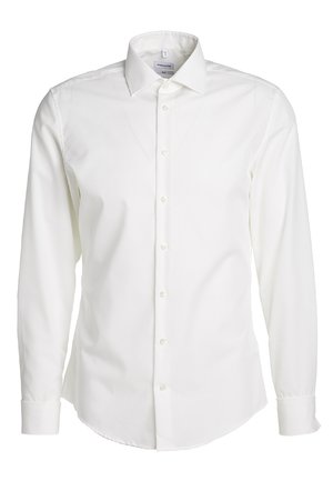 Chemise blanche à manches longues en tissu lisse, avec un col classique, une fermeture à boutons sur le devant et un ourlet arrondi avec des manches ajustées.
