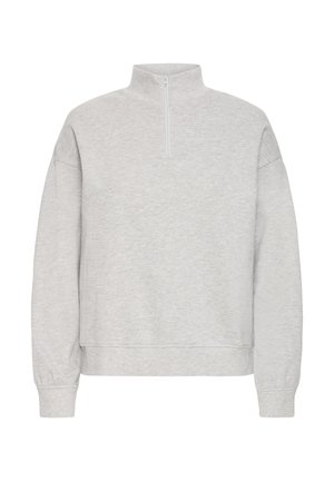 Hellgrauer Sweatshirt mit hohem Kragen und halbem Reißverschluss. Verfügt über eingesetzte Schulternähte und gerippte Bündchen aus einem strukturierten Fleece-Material.