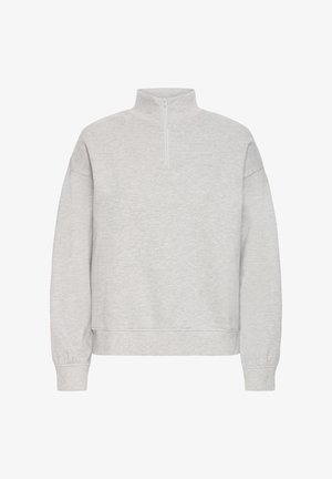 Lichtgrijze sweatshirt met hoge kraag en halve rits. Heeft vallen schoudernaden en ribgebreide manchetten met een gestructureerde fleece stof.