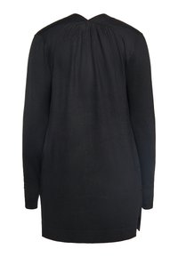 Tunic nera a maniche lunghe con scollo a V e dettaglio di pieghe sul retro. Realizzata in un tessuto morbido con spacchi laterali all'orlo per facilitare i movimenti.