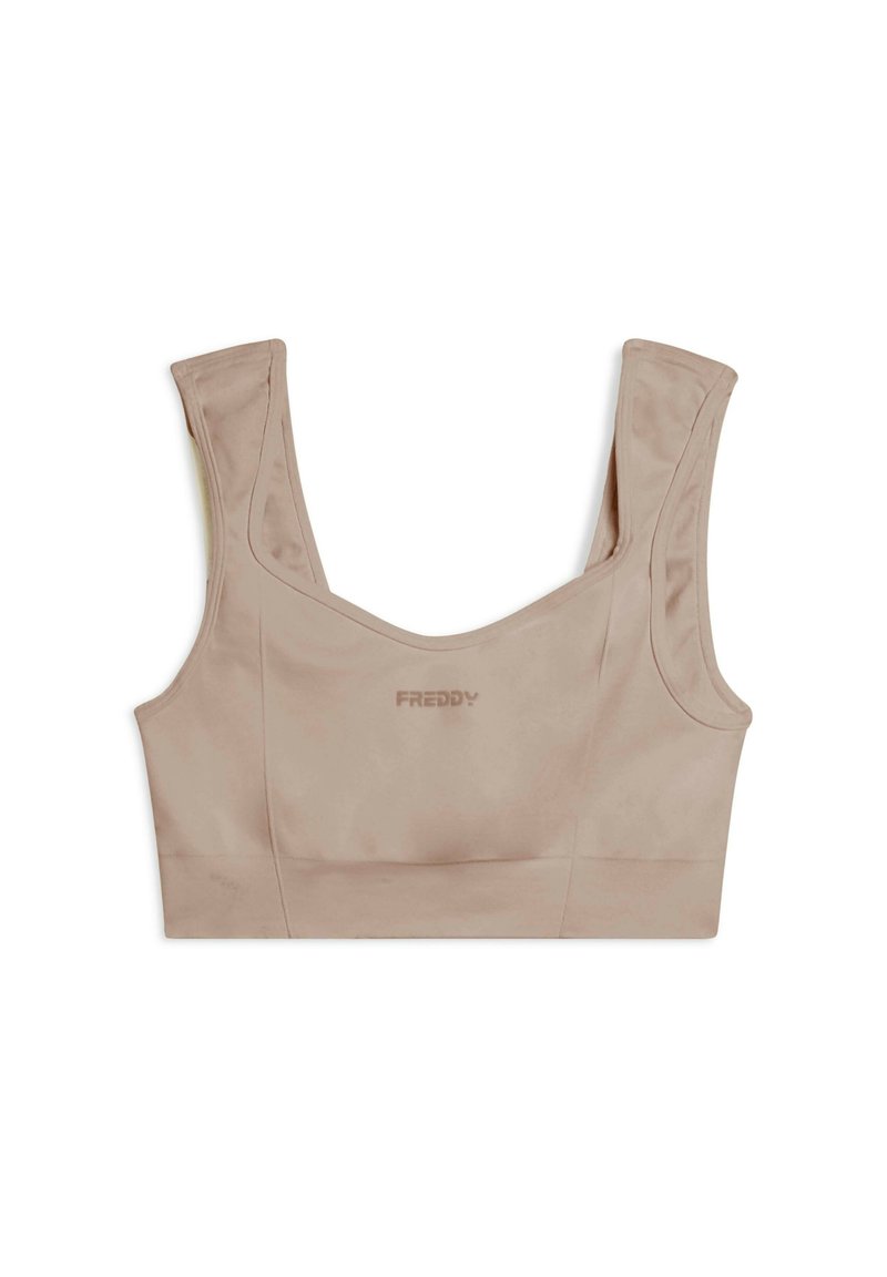 Top sportivo beige accorciato con spalline larghe e un discreto logo "FREDDY" al centro davanti.