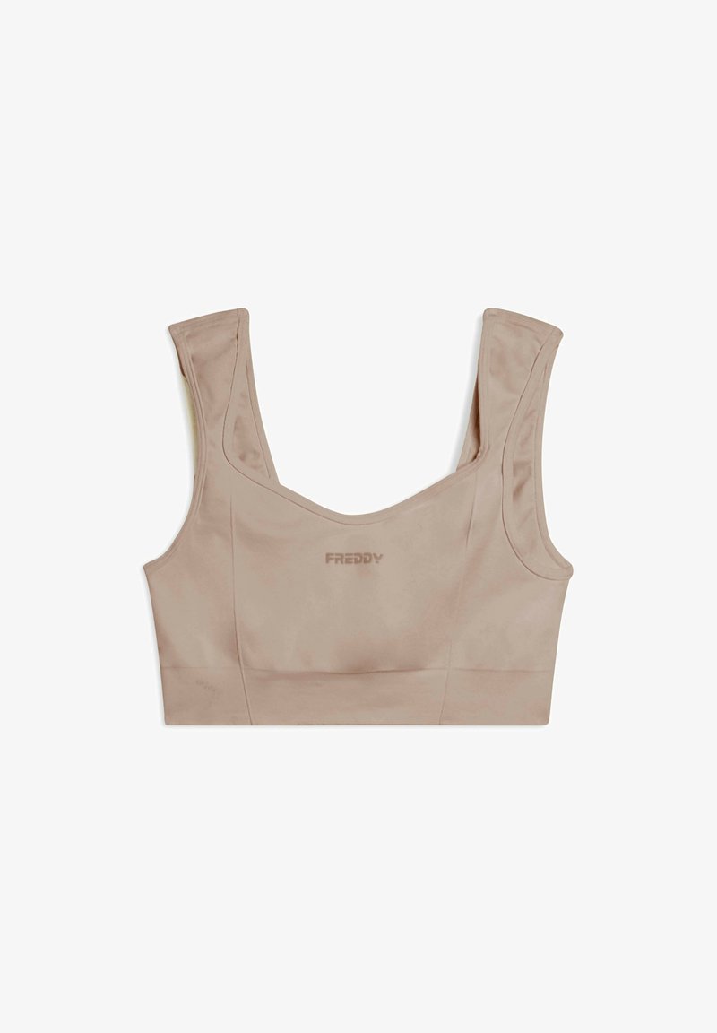 Top sportivo beige accorciato con spalline larghe e un discreto logo "FREDDY" al centro davanti.
