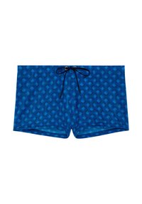 Blå herrebadeshorts med subtile bølgede løvmønstre og en sort snøre i taljen.