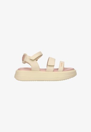 Sandalo con plateau beige con tre cinturini regolabili in velcro e sottopiede imbottito rosa, vista laterale.