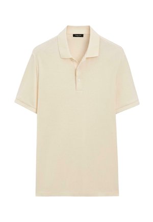 Béžové polo tričko s krátkým rukávem, dvěma knoflíky a límečkem, jednoduchý design, označeno Massimo Dutti.