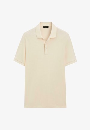 Beige poloshirt met korte mouwen, twee knopen en een kraag, eenvoudig ontwerp, gelabeld Massimo Dutti.