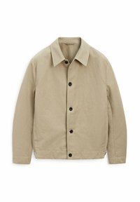 Giacca di cotone beige con colletto, chiusura frontale con bottoni, due tasche laterali e tessuto leggermente testurizzato.