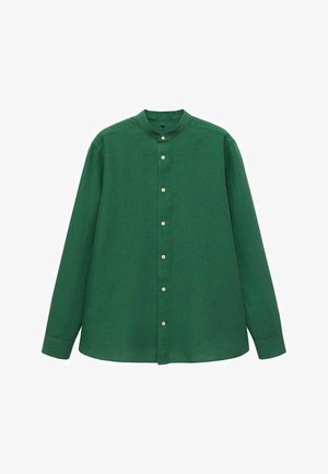 Cămașă verde cu mânecă lungă, cu guler în picioare, dintr-un material texturat. Are un închidere cu butoane pe față și un design lejer.
