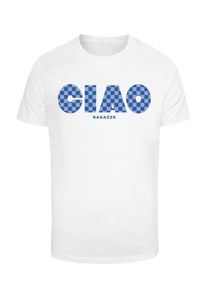 Weißes Baumwoll-T-Shirt mit einem blauen Karomuster, auf dem die Wörter "CIAO" und "RAGAZZE" in fetten, großen Buchstaben darunter gedruckt sind.