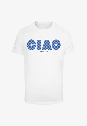 T-shirt en coton blanc avec un motif à damiers bleus et les mots "CIAO" et "RAGAZZE" imprimés en dessous en lettres majuscules et en gras.