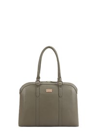 Grijze leren handtas met dubbele handvatten, verticale stikdetails en een kleine rechthoekige metalen merkplaat aan de voorkant.