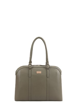 Gray leather handbag with double handles, vertical stitch details, and a small rectangular metal brand plate on the front.