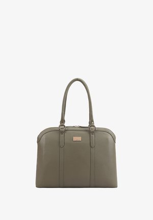 Graue Lederhandtasche mit doppelten Griffen, vertikalen Stichdetails und einer kleinen rechteckigen Metallmarke auf der Vorderseite.