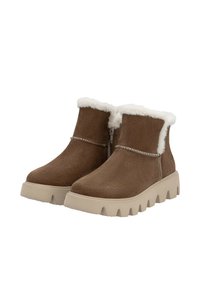 Stivaletti marroni con materiale scamosciato, foderati in pelliccia sintetica bianca e con cerniera laterale; presentano una suola beige spessa e texture.