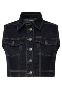 Mörk denimbomberjacka med knäppning fram, silverdetaljer, två bröstfickor, kontrasterande gula stygn och klassisk krage.