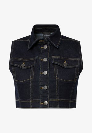 Donkerdenim cropped jack met een knoopsluiting aan de voorkant, zilveren hardware, twee borstzakken, contrasterend gele stiksel en een klassieke kraag.