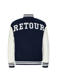 Marineblauwe varsityjack met witte leren mouwen. "RETOUR" geborduurd in vet wit op de achterkant. Voorzien van gestreepte kraag en manchetten.