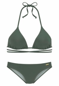 Olive green bikini set featuring a triangular top with ruffled edges and adjustable ties, paired with simple matching low-rise bottoms.