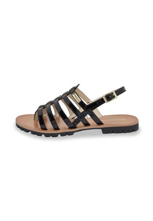 Black patent leather sandal with multiple horizontal straps, open toe design, ankle strap with gold buckle, and textured rubber sole.