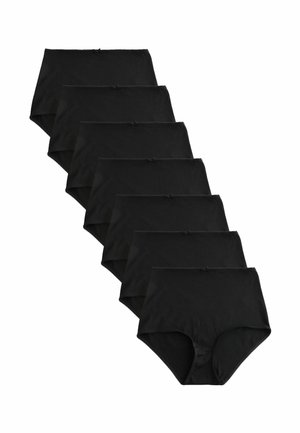 Sieben schwarze Damen-Slips mit hohem Bund, diagonal auf weißem Hintergrund angeordnet, jeder mit einer kleinen Schleife vorne.