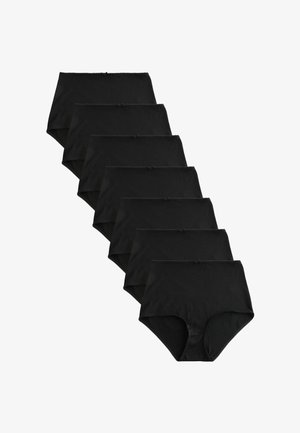 Sieben schwarze Damen-Slips mit hohem Bund, diagonal auf weißem Hintergrund angeordnet, jeder mit einer kleinen Schleife vorne.