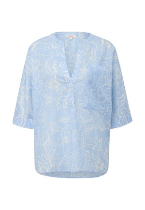 Blouse à manches courtes bleu clair avec un col en V, une poche avant et un motif floral blanc. Fabriquée en tissu respirant.
