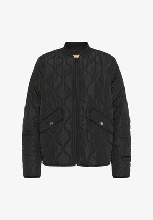 Chaqueta bomber negra acolchada con cierre de cremallera en el frente, puños acanalados y dos bolsillos con botón a presión, con una textura suave y ligera.