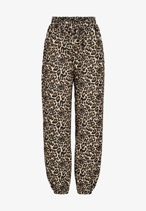 Kalhoty s leopardím potiskem, elastickým pasem a stahovací šňůrkou, s volnější siluetou a zúženými manžetami, vyrobené z lehkého materiálu.