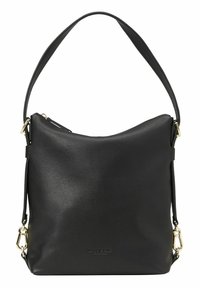 Bolso cruzado de cuero negro con una superficie texturizada, forma curva, correa ajustable y acentos de metal dorado. Cuenta con un cierre de cremallera en la parte superior.