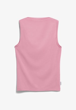 Ärmelloses rosa Tanktop mit rundem Ausschnitt, von hinten gezeigt, mit einem kleinen weißen Etikett an der Seitennaht.