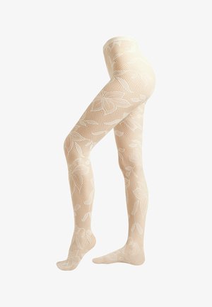 Beige Strumpfhose mit Blumenmuster, bestehend aus Netzdesign, glatter Textur und nahtlosem Bund, die vom Zeh bis zur Mitte des Oberschenkels reicht.