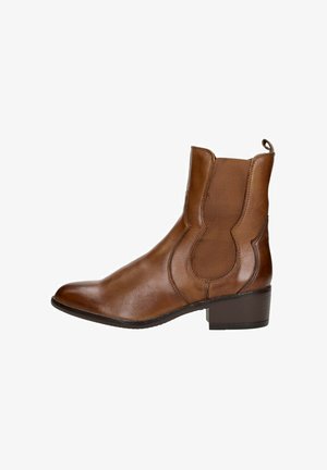 Braune Leder-Stiefelette mit elastischen Seitenpanels, einer runden Zehenpartie und einem niedrigen Blockabsatz. Glatte Textur und minimalistisches Design.
