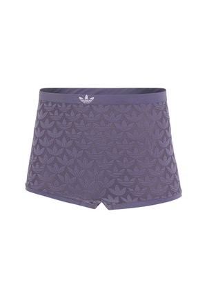 Paarse korte broek met een gestructureerd patroon van herhaalde bladmotieven, elastische tailleband en een klein wit logo aan de voorkant.