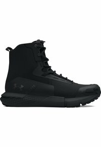 Black hiking boot with mesh and rubber materials. Features high ankle support, lace-up design, and textured soles for grip.