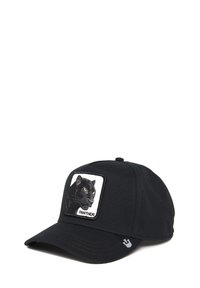 Cappellino da baseball nero in tessuto, con un design di pantera ricamato su una toppa bianca e una visiera curva per riparo dal sole.