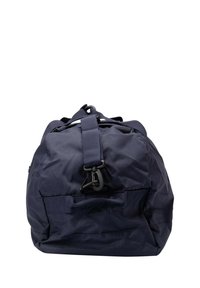 Borsone blu navy realizzato in tessuto resistente, dotato di una maniglia superiore, di una tracolla regolabile e di un gancio per una chiusura sicura.