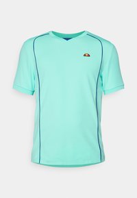 Turquoise short-sleeve sports shirt with a v-neck. Features contrast blue stitching and a small logo on the chest. Textured fabric.