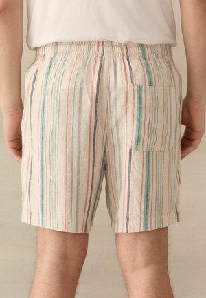 Vedere din spate a unei persoane care poartă pantaloni scurți pastel cu dungi, talie elastică și un buzunar aplicat pe partea dreaptă.