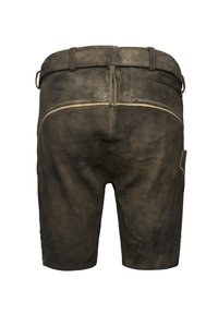 Pantalones cortos de cuero marrón con un acabado texturizado, que presentan un cosido claro en contraste, dos bolsillos traseros y una cintura con pasadores para cinturón.