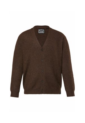 Bruine cardigan van textuurstof, met een V-hals, knoopsluiting aan de voorkant, lange mouwen en subtiele kleurvariaties. Zwarte label aan de binnenkant.