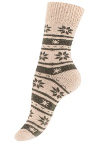 Calzino lavorato a maglia beige con motivo di fiocchi di neve verde scuro. Presenta una parte cima a costine e una punta rinforzata, offrendo una consistenza accogliente e calore.