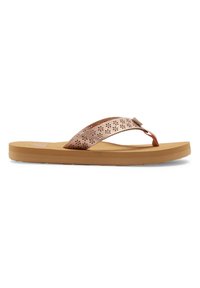 Bronzefärgade flip-flop sandaler med ett perforerat rem, vadderad sula och ljusbrun yttersula. Har en minimalistisk design och blommiga utskärningar.