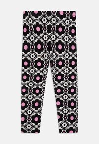 Leggings negros con un atrevido patrón floral y toques en rosa y blanco, confeccionados con una tela suave y elástica.
