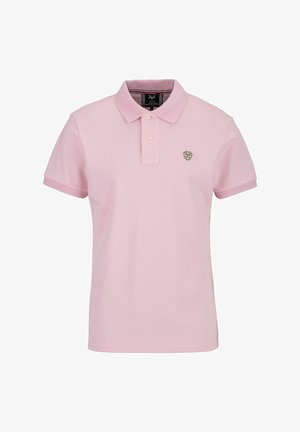 Helles rosa Poloshirt mit kurzen Ärmeln, klassischem Kragen und einem kleinen Emblem. Hergestellt aus strukturiertem Stoff mit glatter Oberfläche.