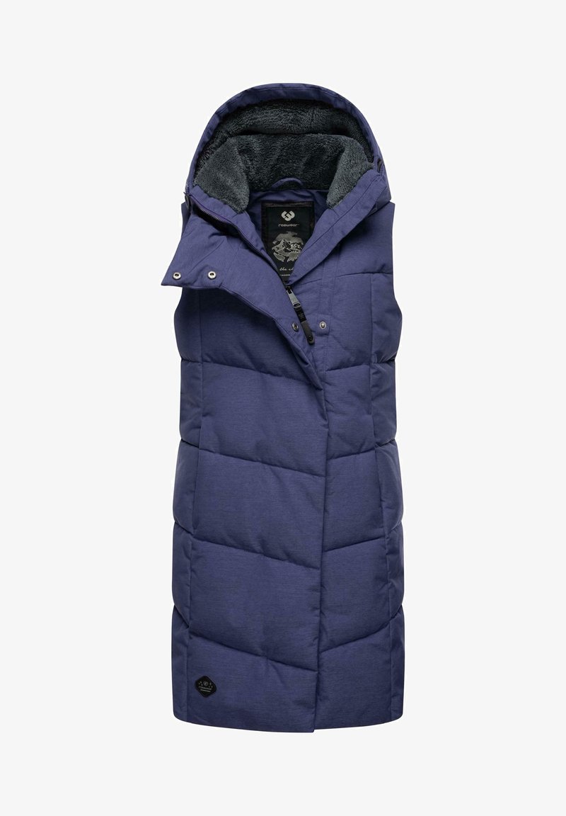 Navy blue sleeveless puffer vest with a high collar, quilted design, front buttons, and a soft, gray fleece interior lining.