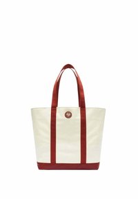 Sac en toile crème avec des accents rouges. Dispose de deux poignes rouges, d'une base rouge et d'un patch rond avec le logo sur le devant. Design rectangulaire simple.