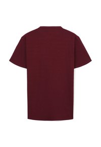 T-shirt bordeaux a maniche corte con scollo rotondo, realizzato in morbido cotone, presenta una consistenza liscia e un taglio dritto classico.