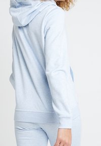 Ljusblå sweatshirt med huva, mjuk textur, ribbade ärmslut och midja, prydd med ett subtilt melerat mönster. Visad från baksidan.