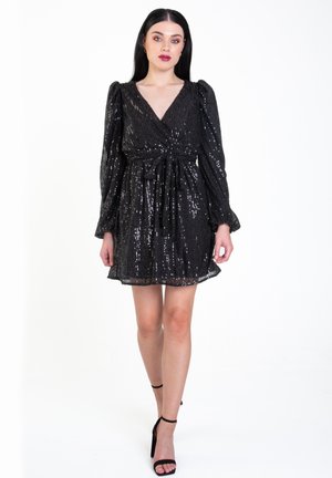 SEQUIN V NECK BELTED MINI - Cocktail dress / Party dress - black