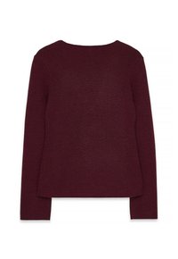 Burgundowa пулower z długim rękawem i okrągłym dekoltem, o ryflowanej strukturze i prostym wykończeniu, z minimalną ilością szwów dla schludnego efektu.